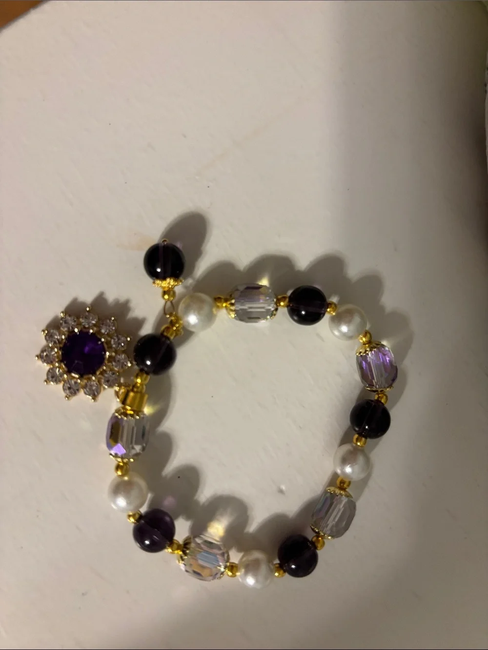 Gold-Tone Amethyst Bead Stretch Bracelet with Pearl Accents